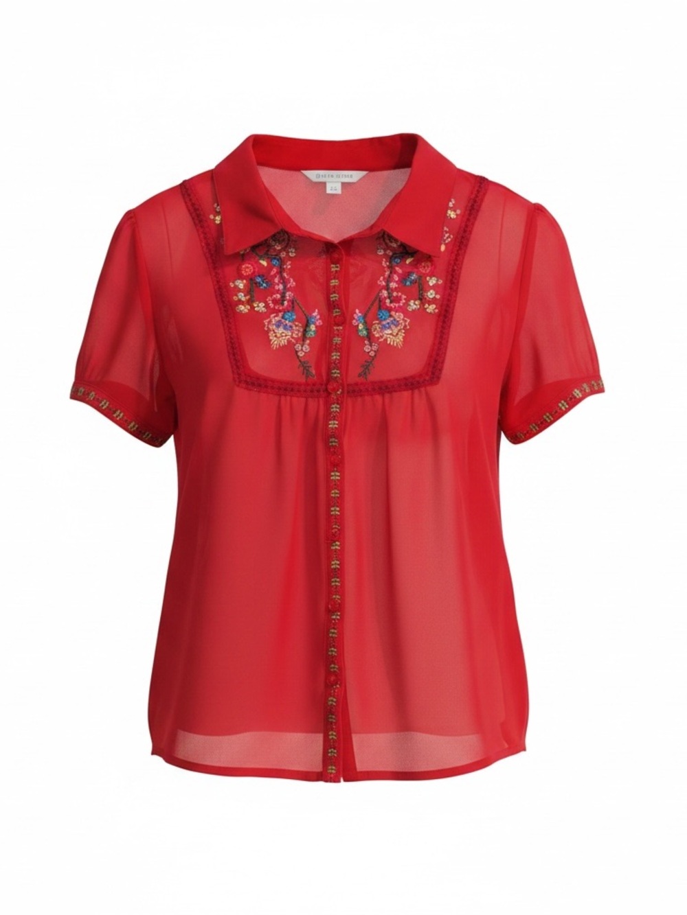 Embroidered Red Short-Sleeve Button-Front Blouse